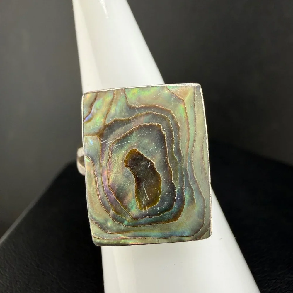 Vintage Sterling Silver Abalone Shell Rectangle Statement Ring 6.5 READ